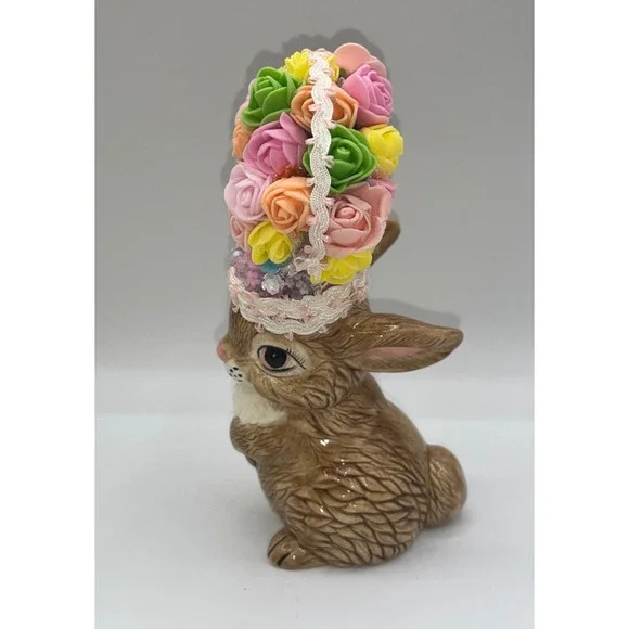 Vintage Ceramic Pretty Bunny Spring Bunny Floral Flower Hat Deb O. Original OOAK - Picture 10 of 16